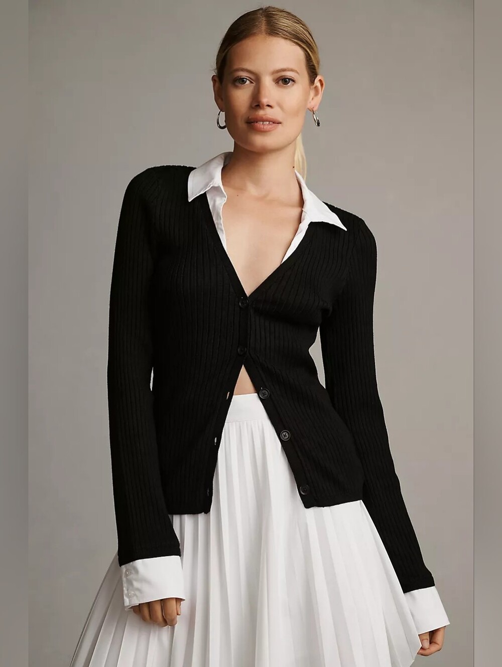 Maeve Twofer Collared Rib Cardigan Shirt Womens M Black Layering Ribbed Preppy